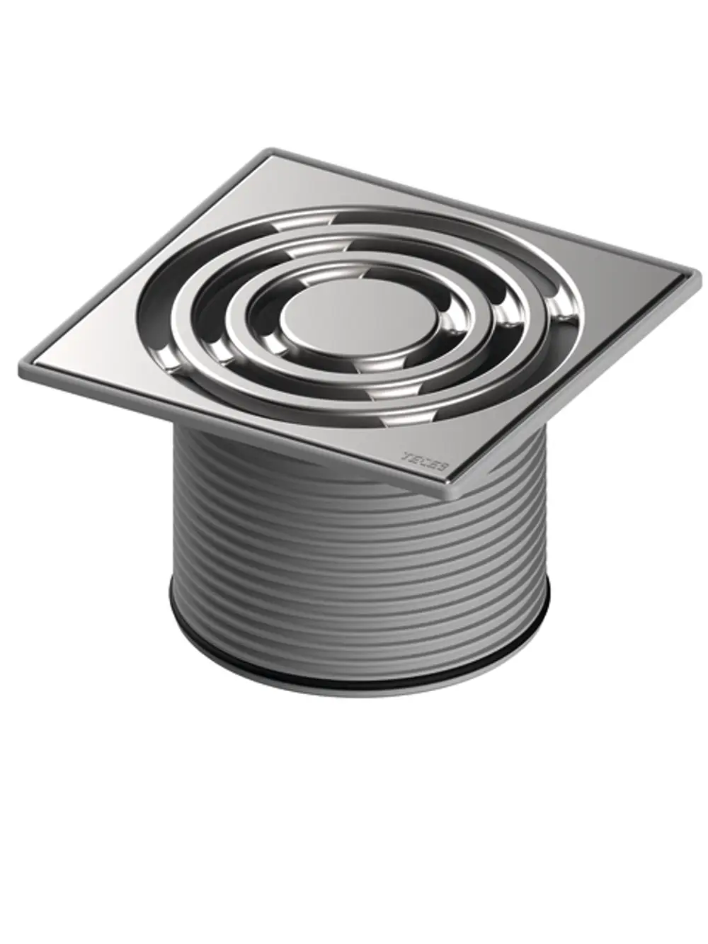 Edelstahl-Rostrahmen mit Designrost von TECE, quadratisch mit gerillter Oberfläche, für den Einbau in Badezimmer oder Nassräume. Skelettröhrenkonstruktion.